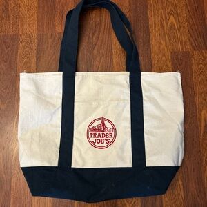Trader Joe's Canvas Reusable Tote Bag Navy Straps Embroidered
